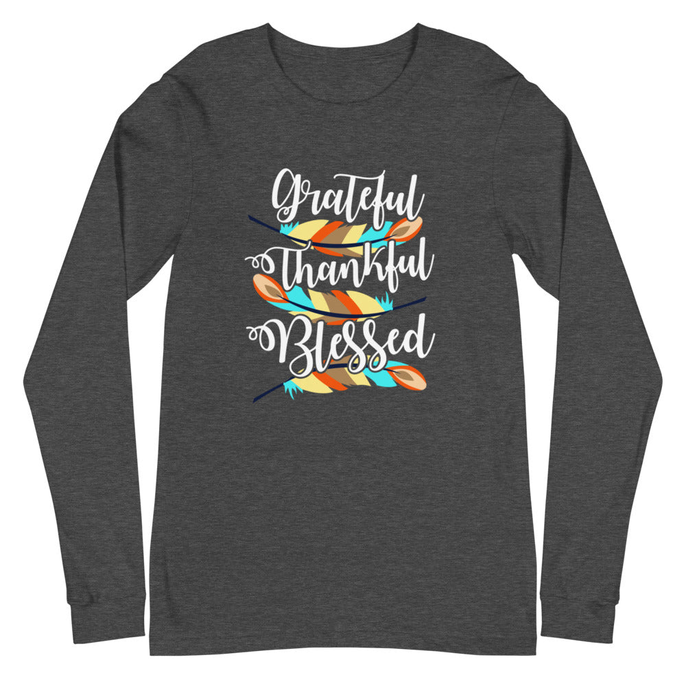 Grateful, Thankful & Blessed Feathers Long Sleeve Tee - Dark Colors