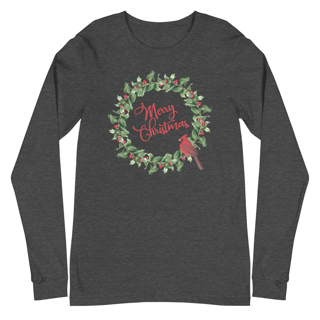 Red Merry Christmas Cardinal Holly Wreath Long Sleeve Tee - Several Colors Available