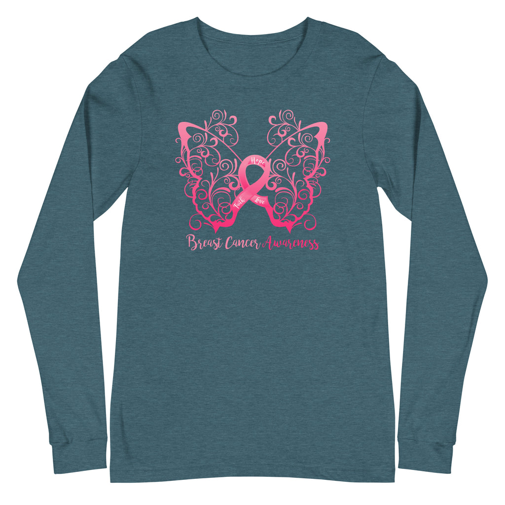 Breast Cancer Awareness Filigree Butterfly Long Sleeve Tee - (Several Colors Available)
