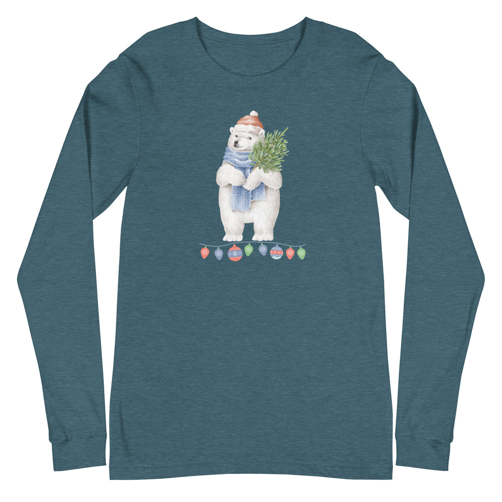 Vintage Watercolor Polar Bear Christmas Tree Long Sleeve Tee (Several Colors Available)