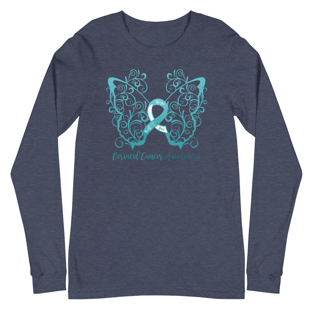 Cervical Cancer Awareness Filigree Butterfly Long Sleeve Tee - Several Colors Available