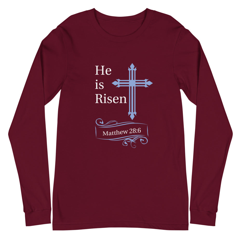 He is Risen Blue Cross Matthew 28:6 Long Sleeve Tee (Several Colors Available)