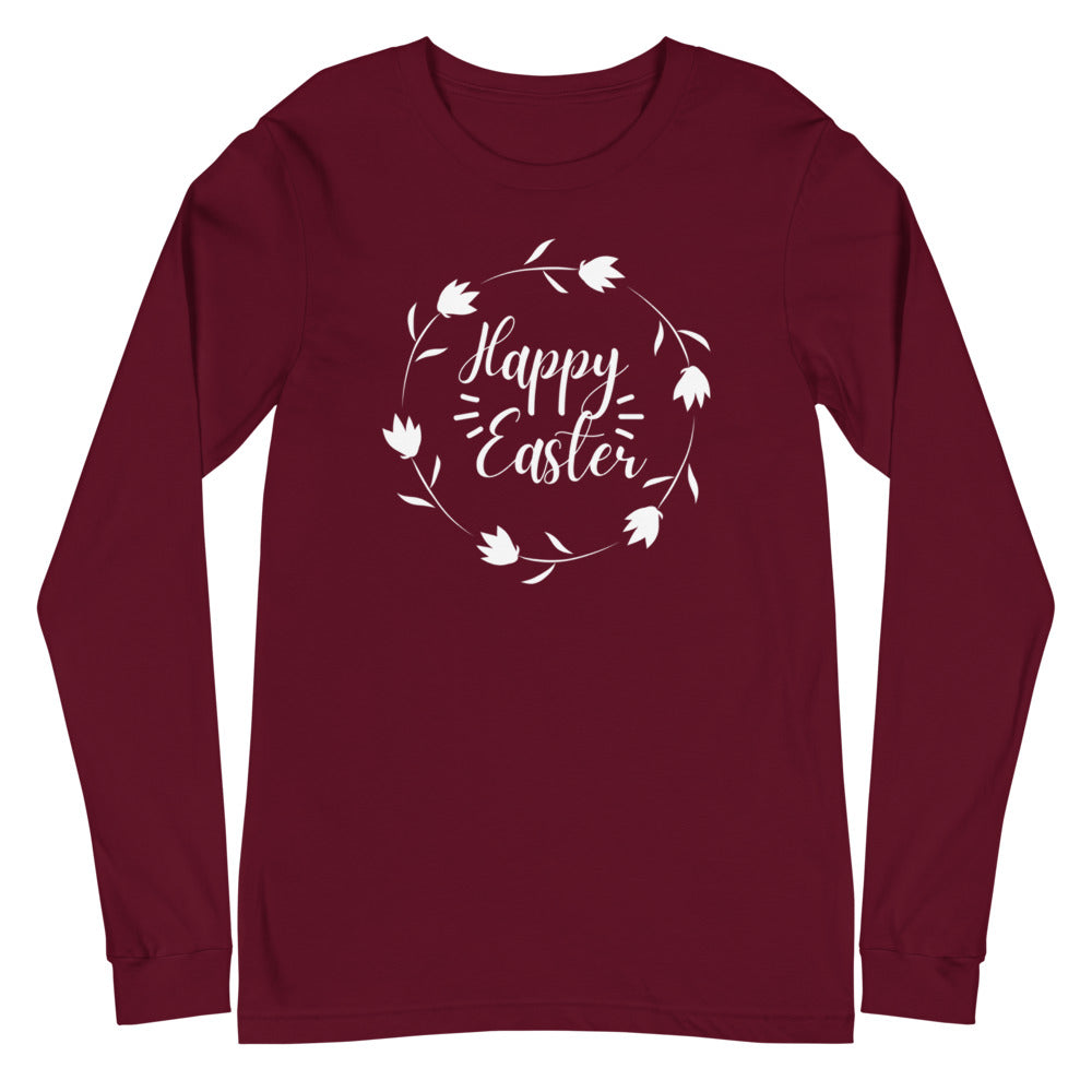 Happy Easter Floral Wreath Long Sleeve Tee (Several Colors Available)