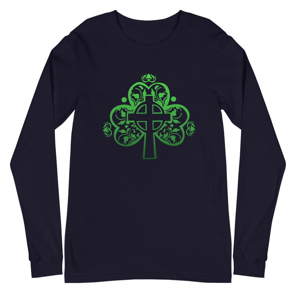 St. Patrick's Day Cross in Shamrock Long Sleeve Tee (Several Colors Available)