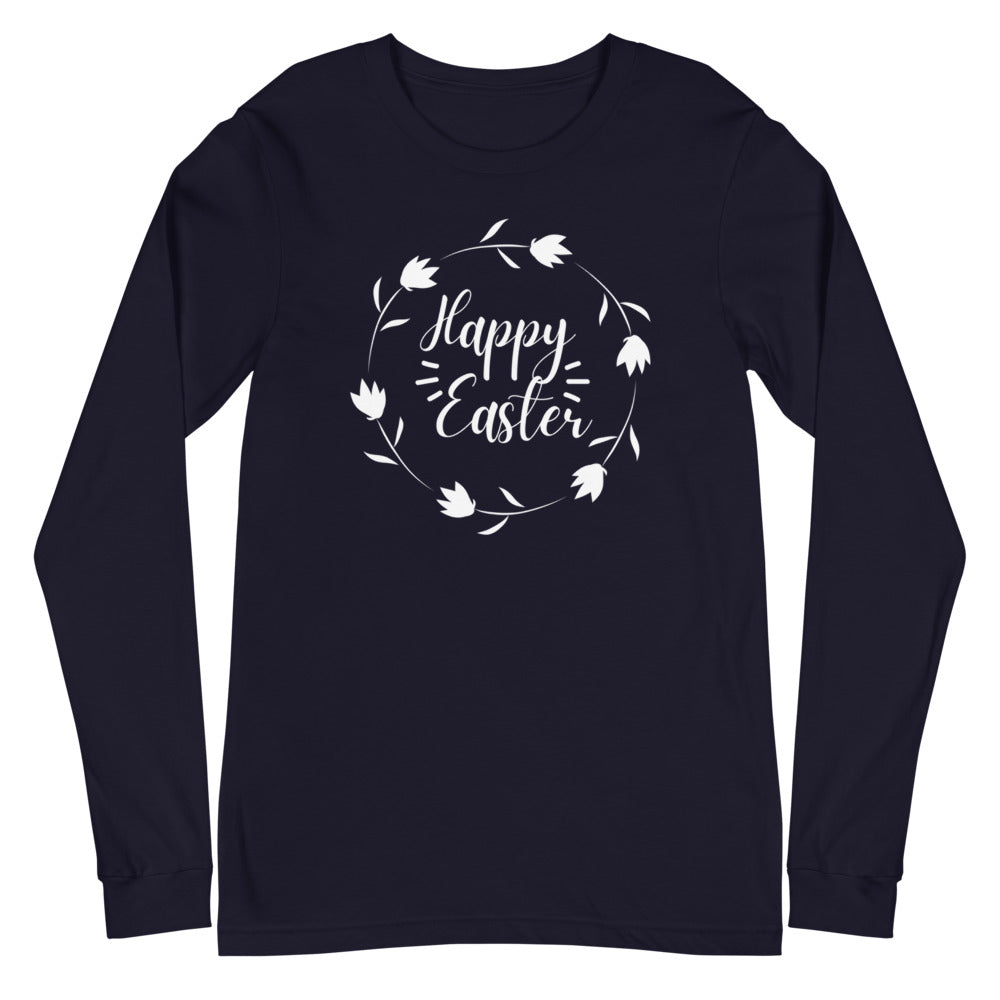 Happy Easter Floral Wreath Long Sleeve Tee (Several Colors Available)