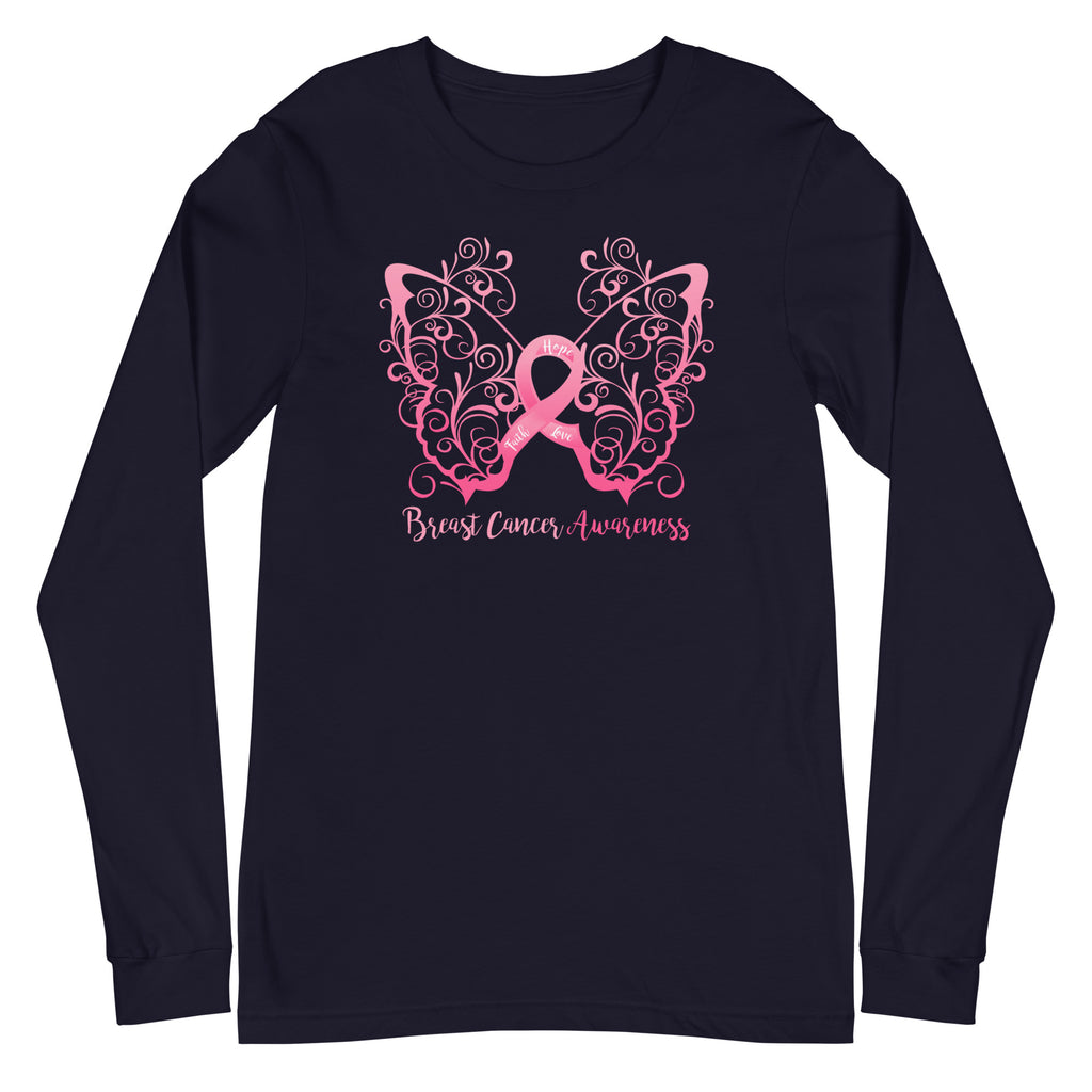 Breast Cancer Awareness Filigree Butterfly Long Sleeve Tee - (Several Colors Available)