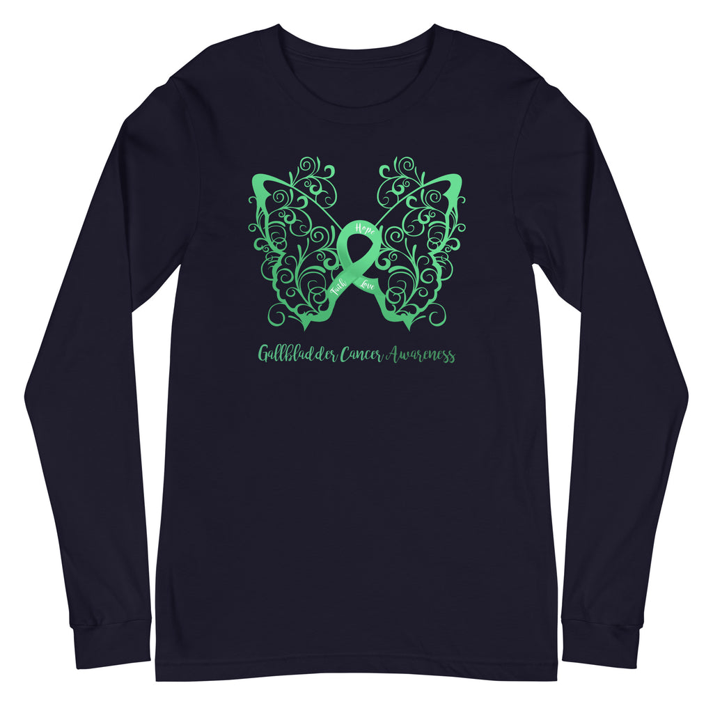 Gallbladder Cancer Awareness Butterfly Filigree Unisex Long Sleeve Tee - Several Colors Available