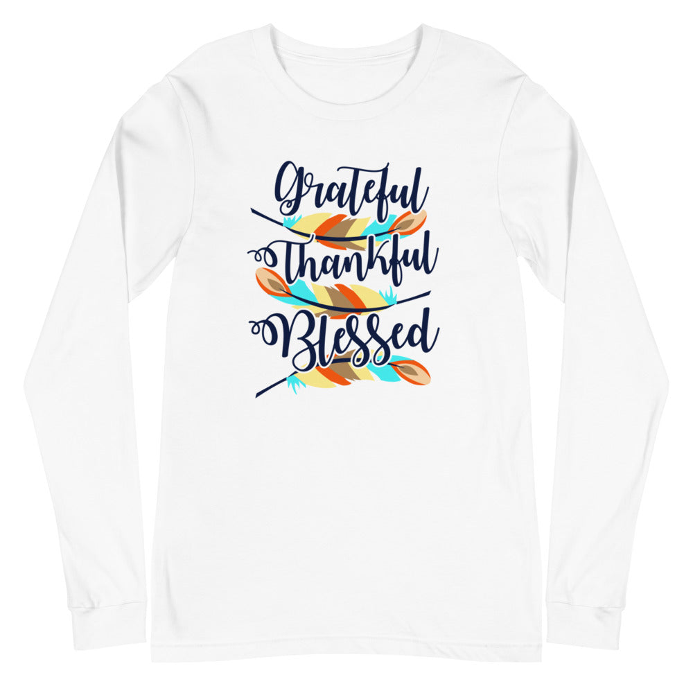 Grateful Thankful Blessed Feathers Long Sleeve Tee