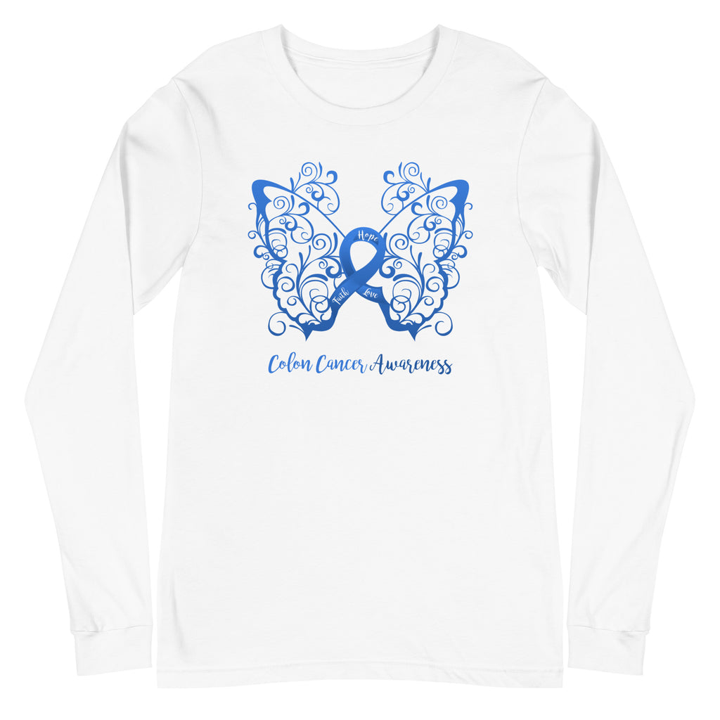 Colon Cancer Awareness Filigree Butterfly Long Sleeve Tee
