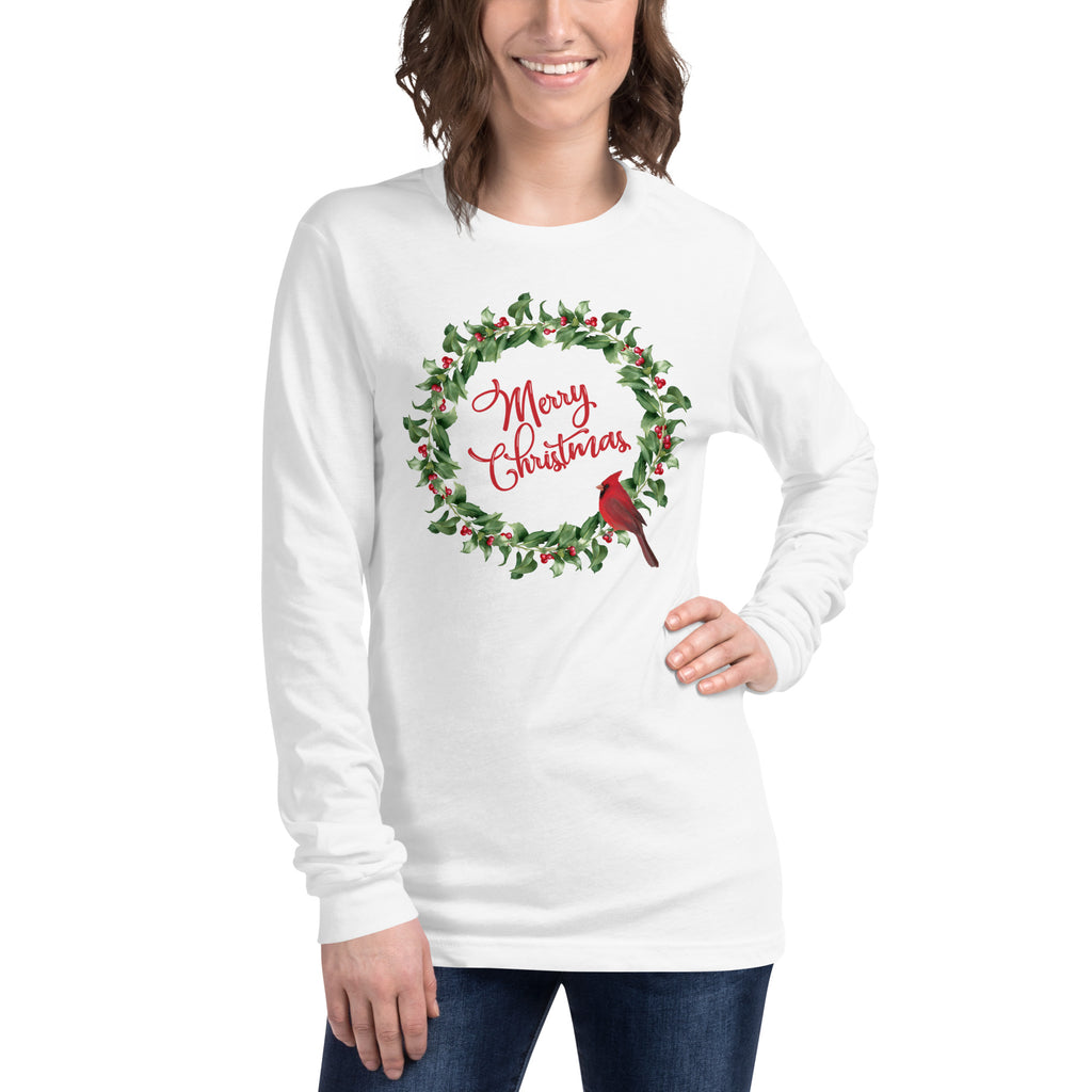 Red Merry Christmas Cardinal Holly Wreath Long Sleeve Tee - Several Colors Available