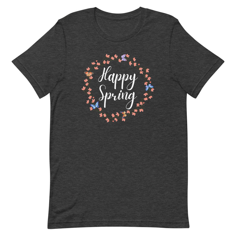 Happy Spring Butterfly Wreath T-Shirt (Dark Colors)