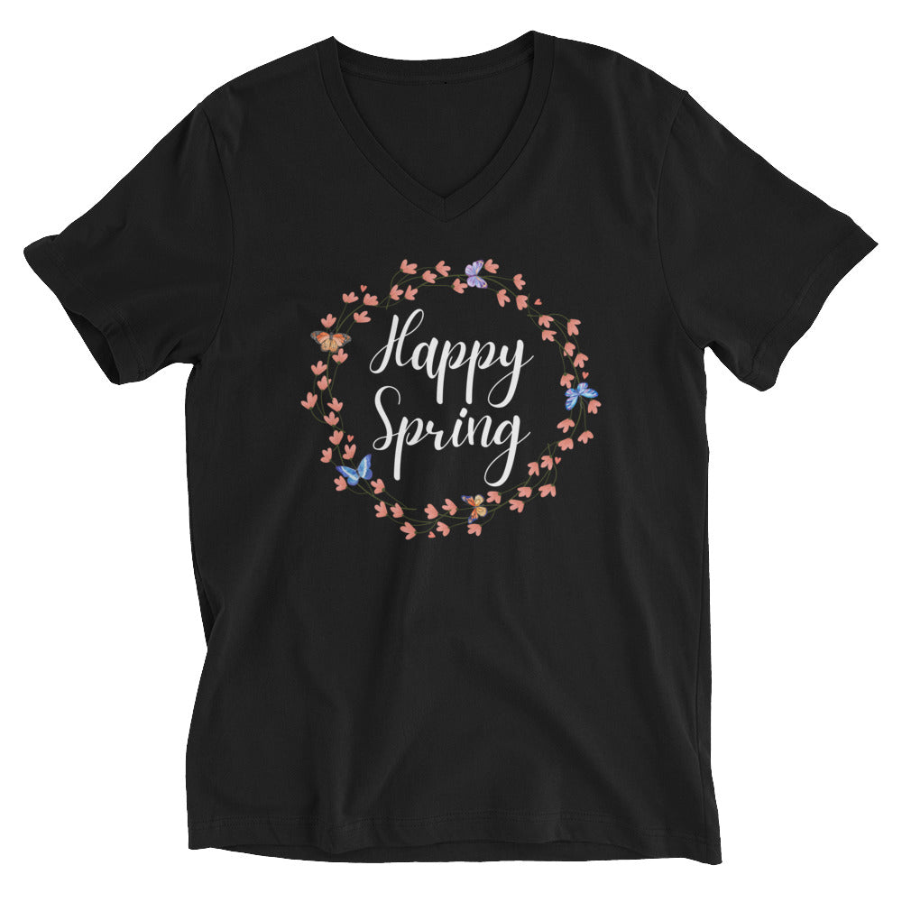 Happy Spring Butterfly Wreath V-Neck T-Shirt