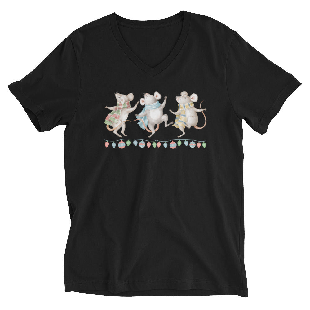 Vintage Watercolor Christmas Dancing Mice V-Neck T-Shirt