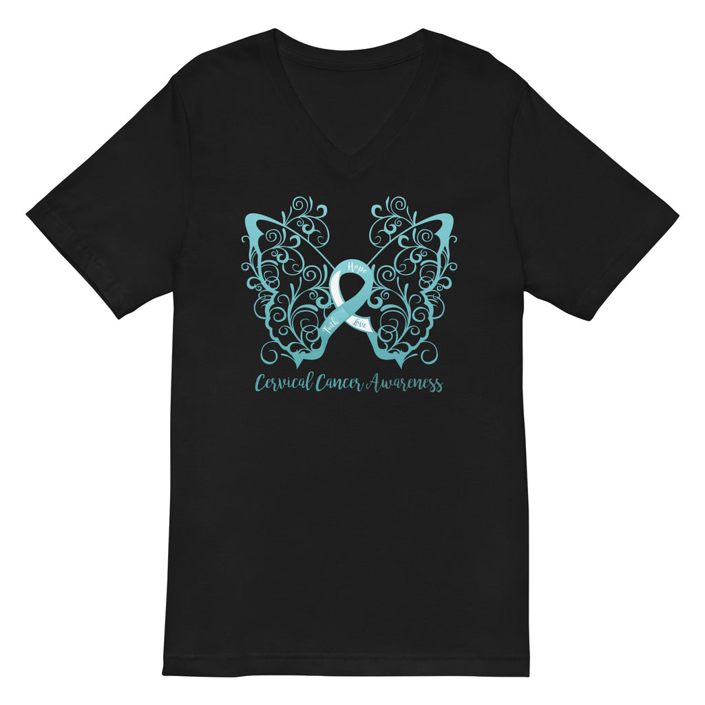 Cervical Cancer Awareness Filigree Butterfly V-Neck T-Shirt