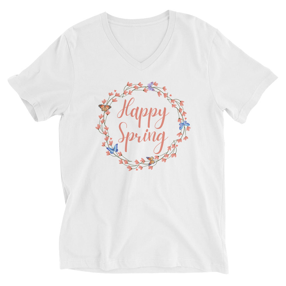 Happy Spring Butterfly Wreath V-Neck T-Shirt