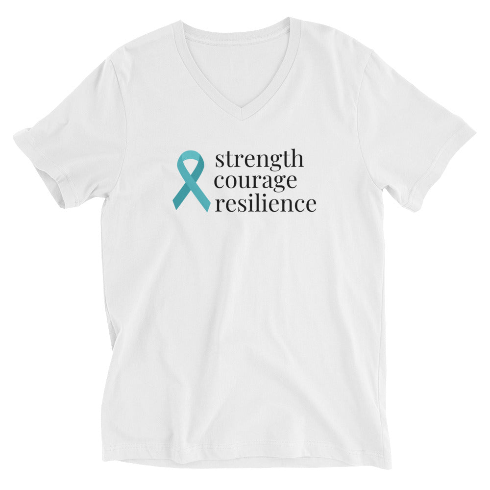 Ovarian Cancer "strength courage resilience" Ribbon V-Neck T-Shirt