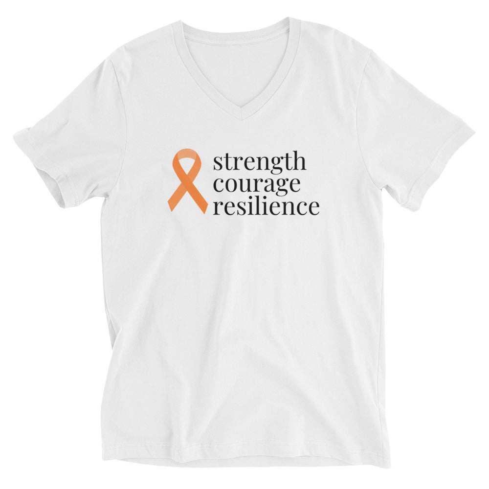 Leukemia strength courage resilience Ribbon V-Neck T-Shirt