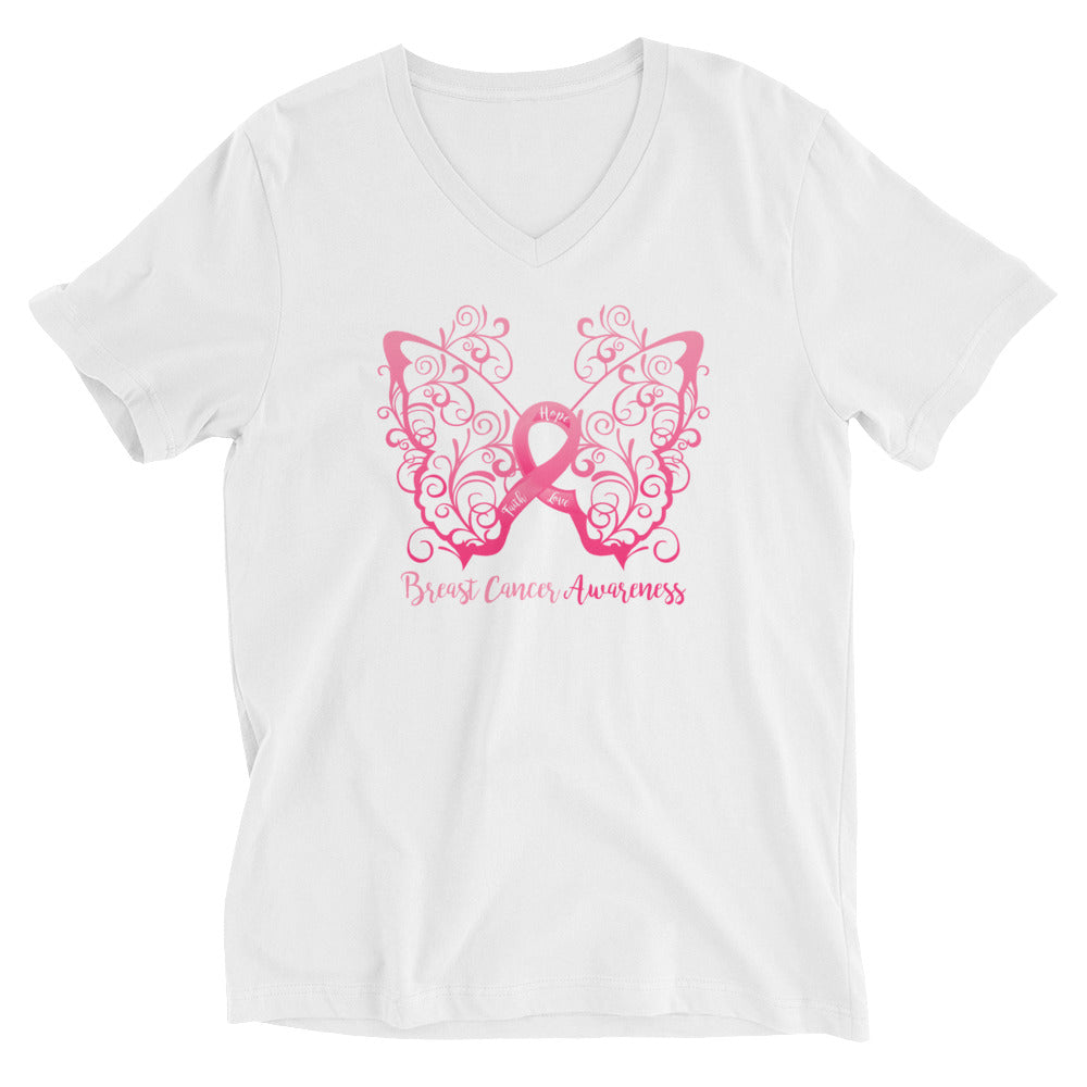 Breast Cancer Awareness Filigree Butterfly V-Neck T-Shirt