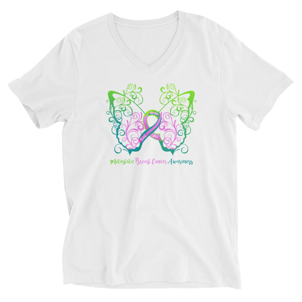 Metastatic Breast Cancer Awareness Filigree Butterfly V-Neck T-Shirt