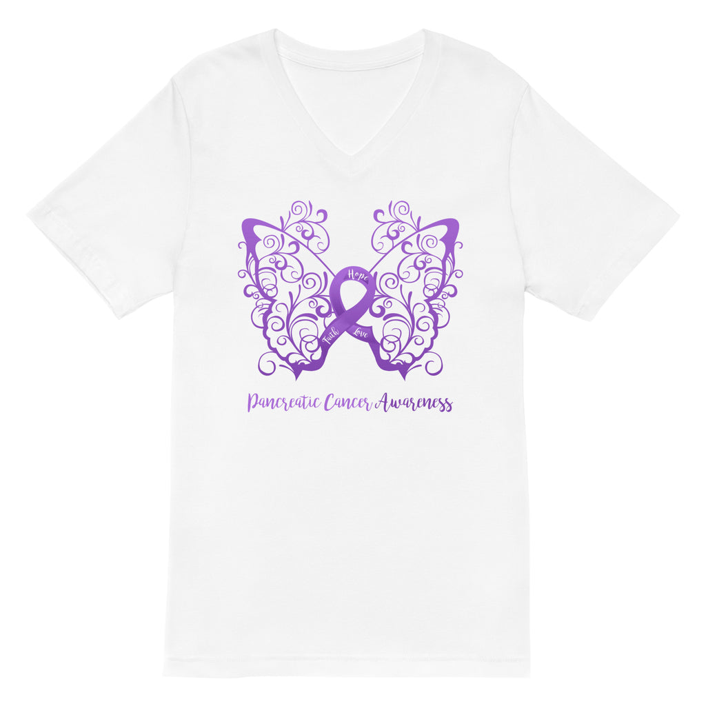 Pancreatic Cancer Awareness Filigree Butterfly Short Sleeve V-Neck T-Shirt
