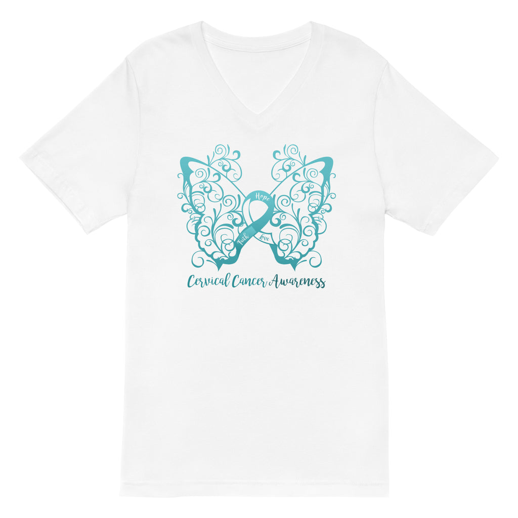 Cervical Cancer Awareness Filigree Butterfly V-Neck T-Shirt