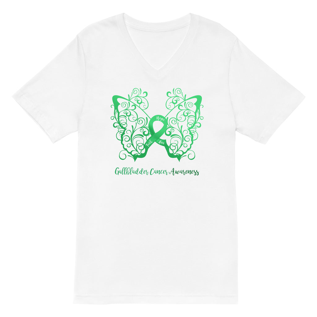 Gallbladder Cancer Awareness Filigree Butterfly V-Neck T-Shirt