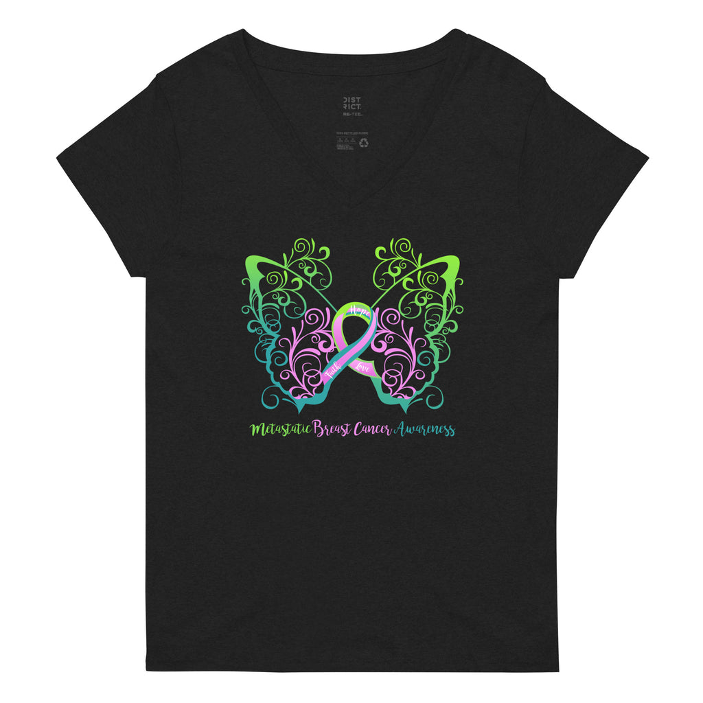 Metastatic Breast Cancer Awareness Filigree Butterfly Women’s Recycled V-Neck T-Shirt - Several Colors Available