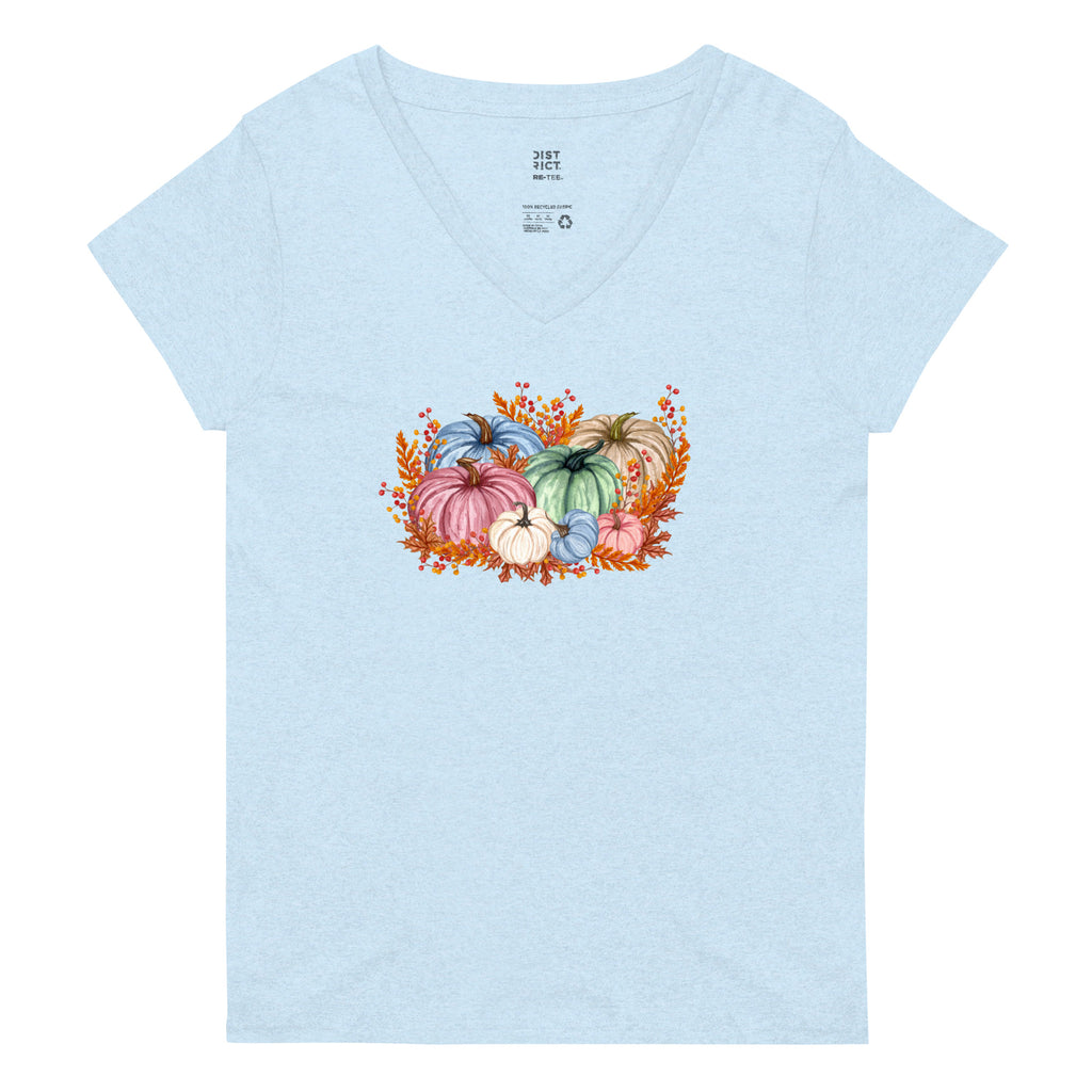 Fall Watercolor Pumpkins Women’s Recycled V-Neck T-Shirt - Several Colors Available