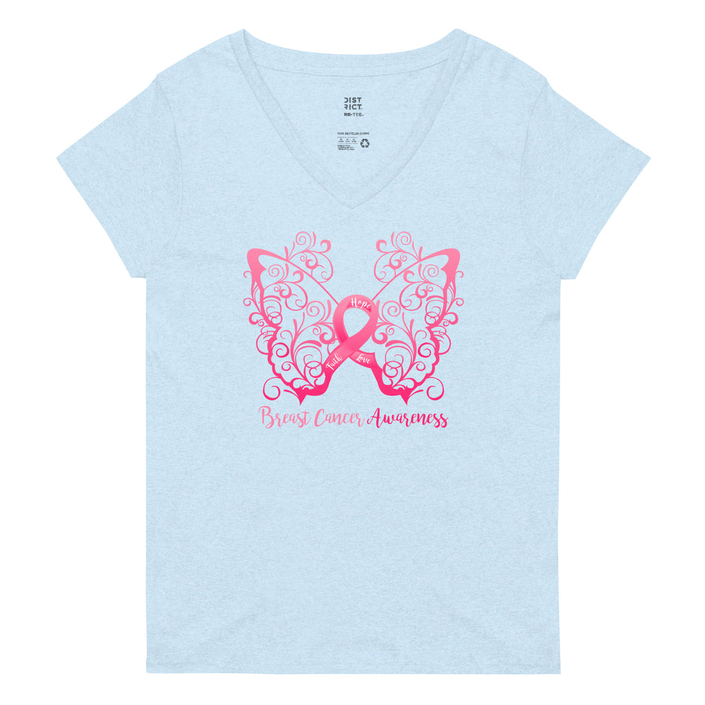 Breast Cancer Awareness Filigree Butterfly Women’s Recycled V-Neck T-Shirt - Several Colors Available