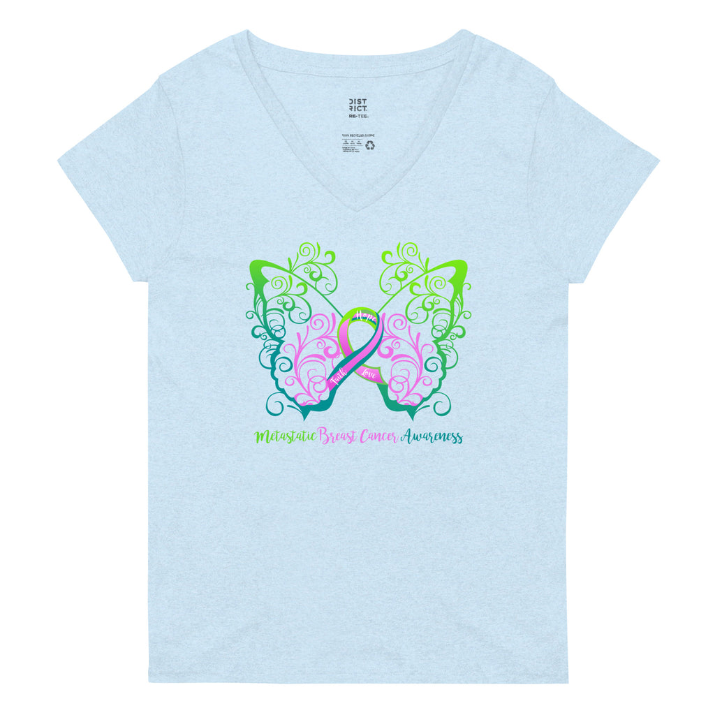 Metastatic Breast Cancer Awareness Filigree Butterfly Women’s Recycled V-Neck T-Shirt - Several Colors Available