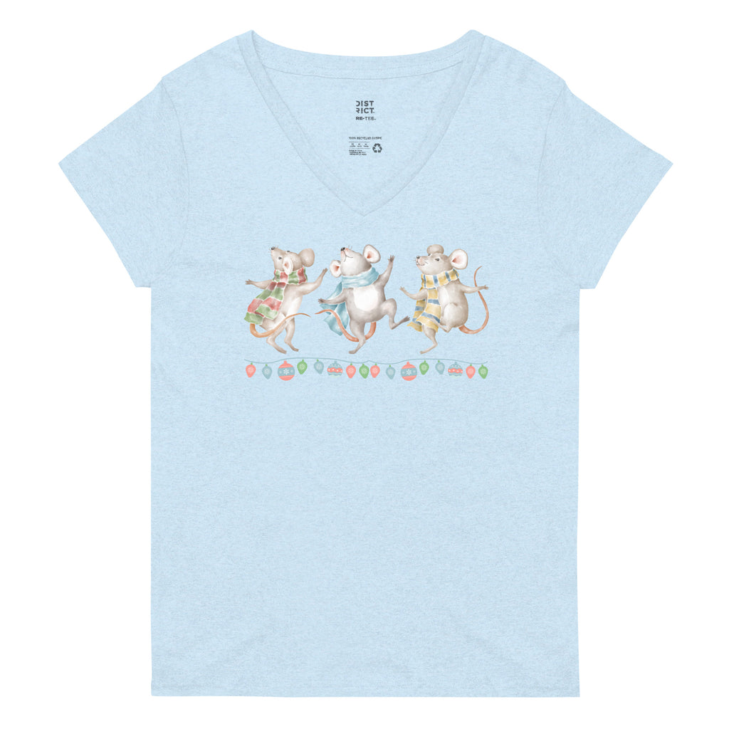 Vintage Watercolor Christmas Dancing Mice Women’s Recycled V-Neck T-Shirt