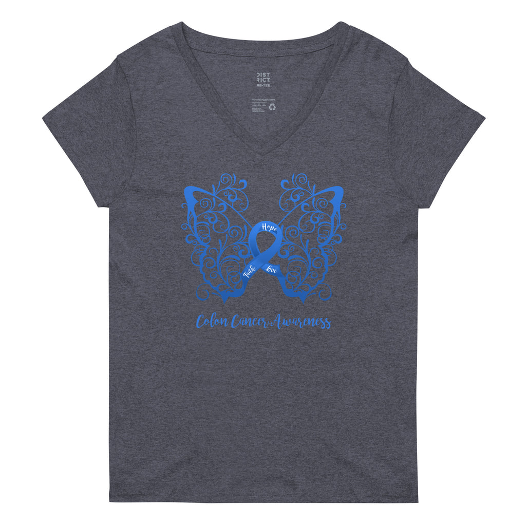Colon Cancer Awareness Filigree Butterfly Women’s Recycled V-Neck T-Shirt