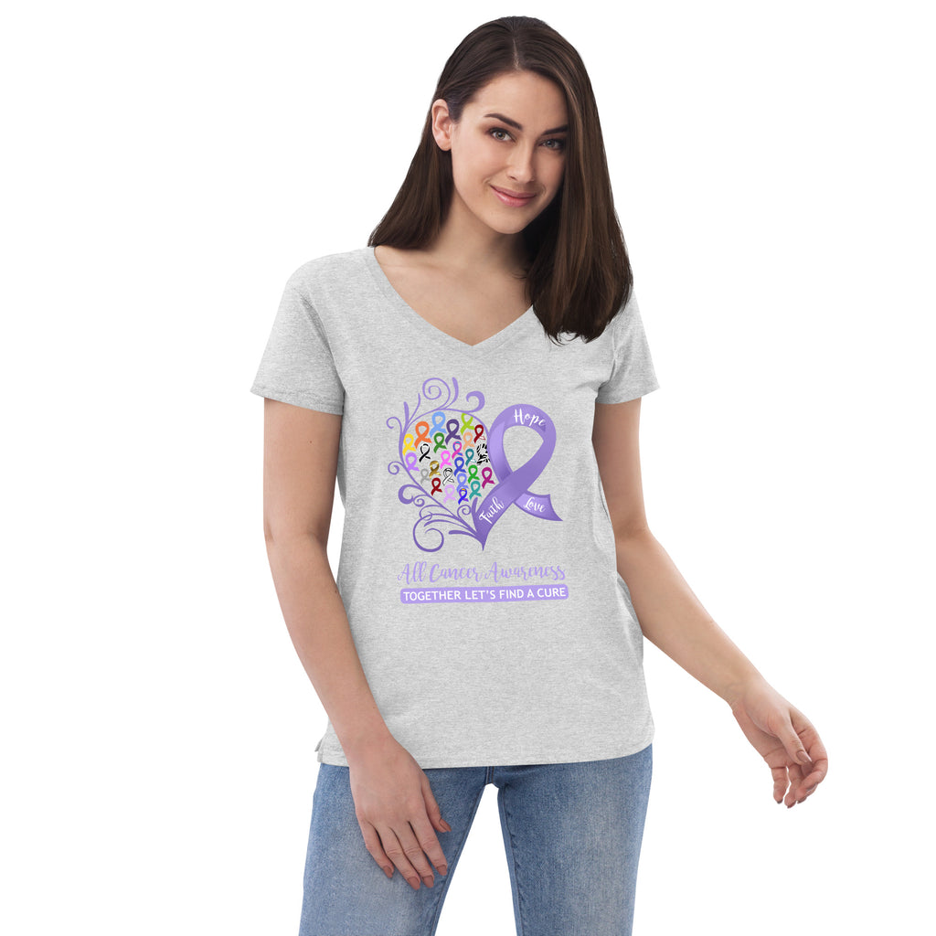 All Cancer Awareness Heart Women’s Recycled V-Neck T-Shirt (Light Heather Grey)