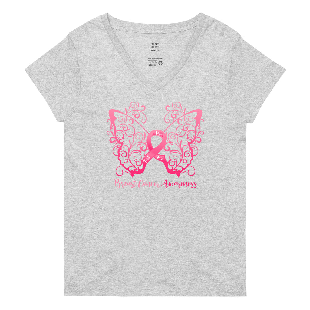 Breast Cancer Awareness Filigree Butterfly Women’s Recycled V-Neck T-Shirt - Several Colors Available