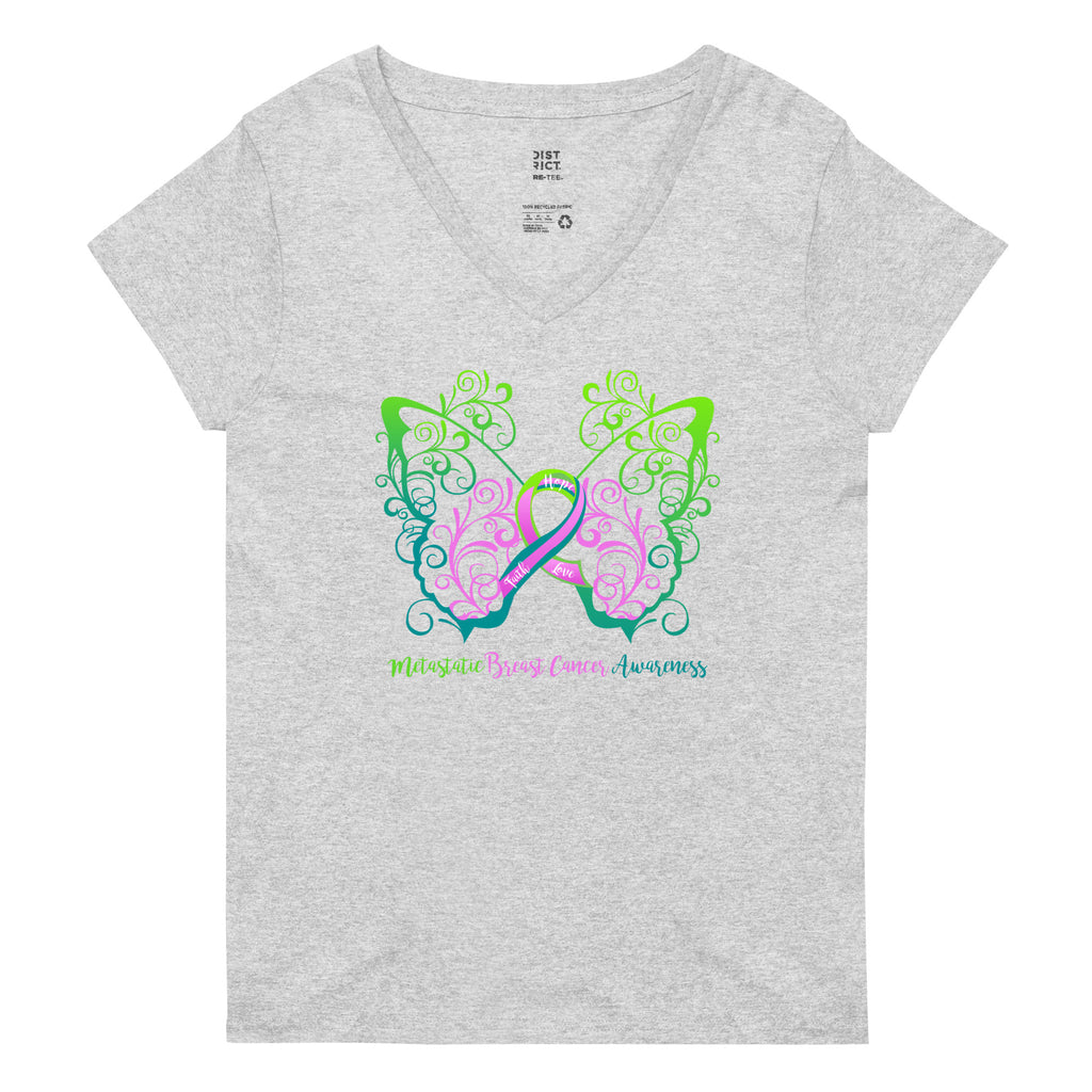 Metastatic Breast Cancer Awareness Filigree Butterfly Women’s Recycled V-Neck T-Shirt - Several Colors Available