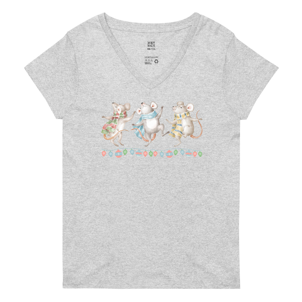 Vintage Watercolor Christmas Dancing Mice Women’s Recycled V-Neck T-Shirt