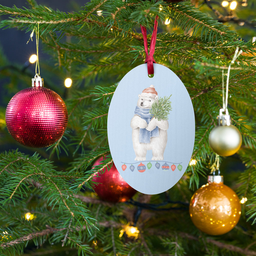 Vintage Watercolor Christmas Polar Bear Wooden Ornament (Light Blue)