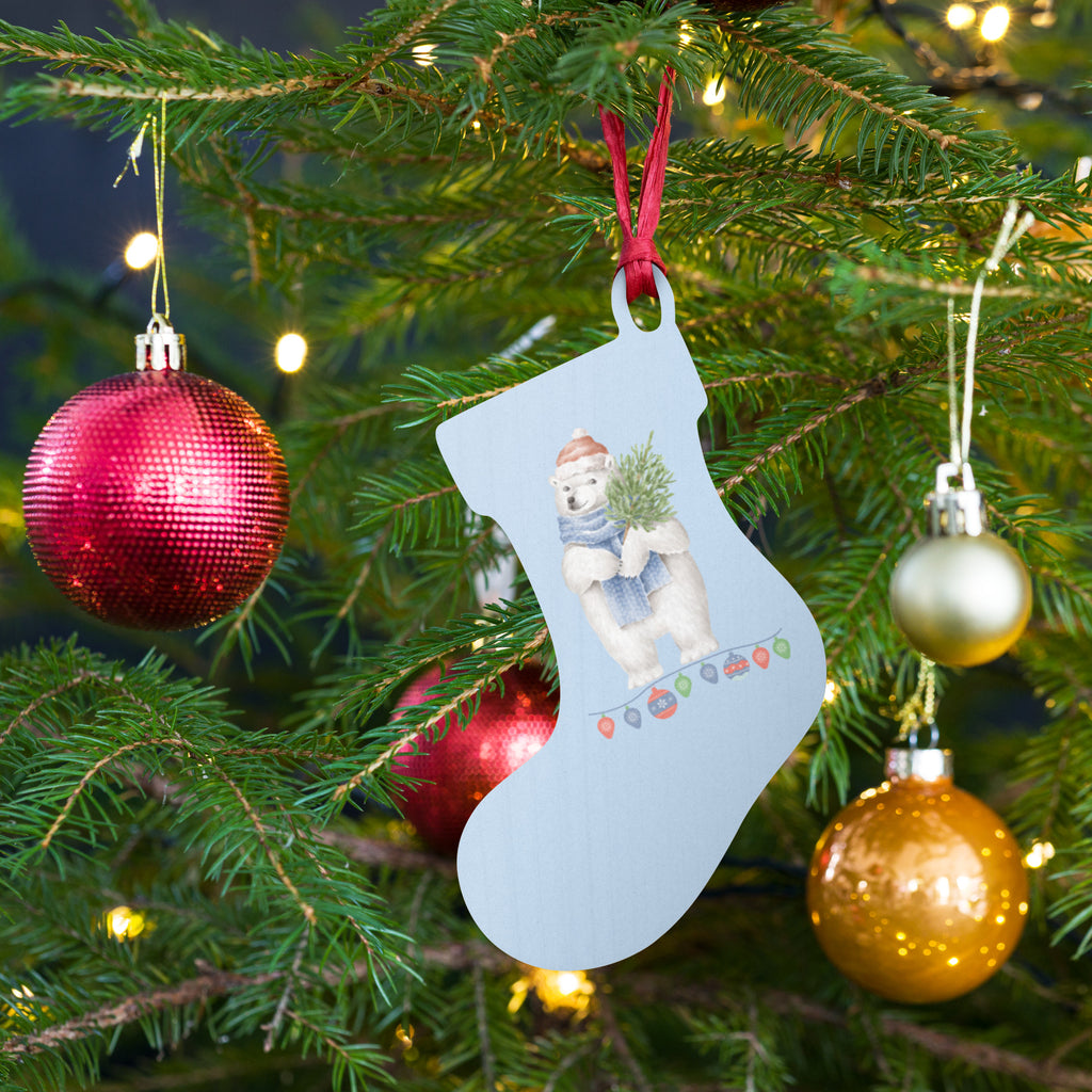 Vintage Watercolor Christmas Polar Bear Wooden Ornament (Light Blue)