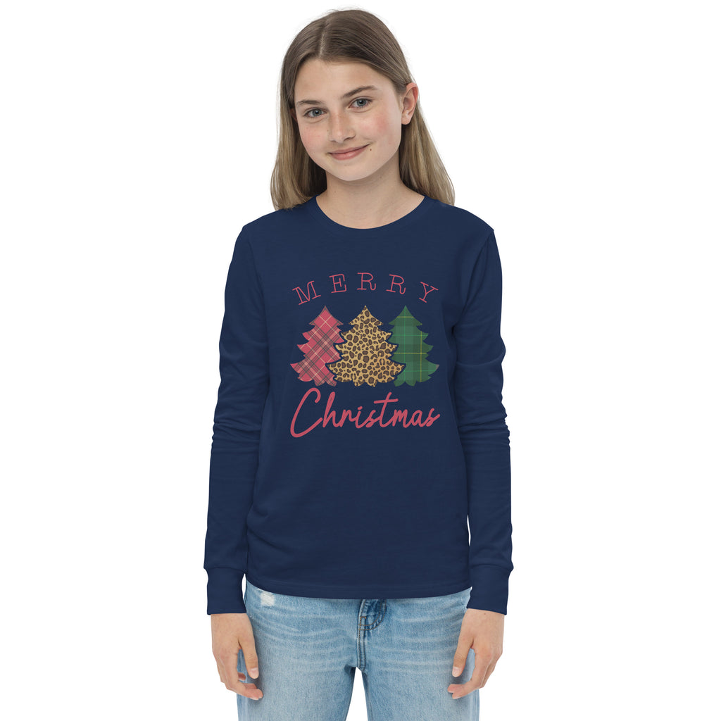 Leopard Flannel Merry Christmas Trees Youth Long Sleeve Tee