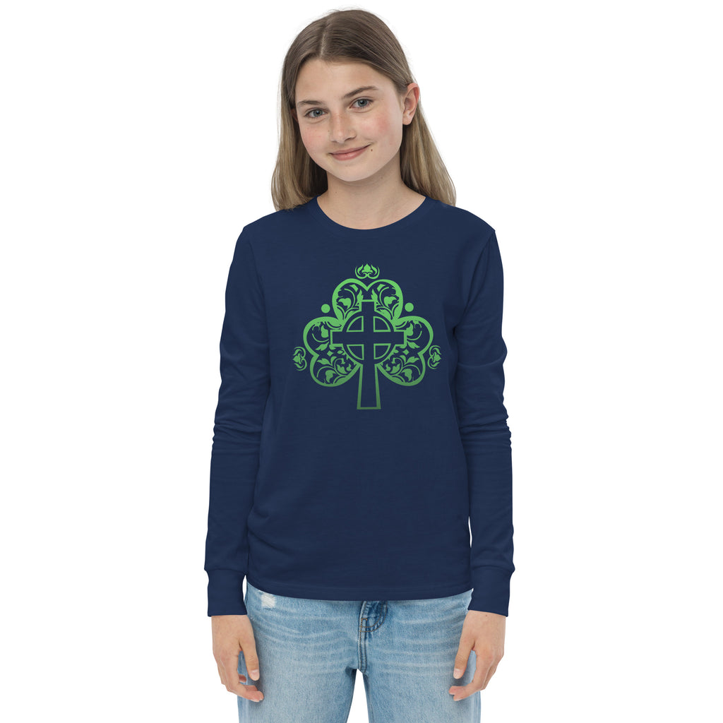 St. Patrick's Day Filigree Cross in Shamrock Youth Long Sleeve Tee - Several Colors Available