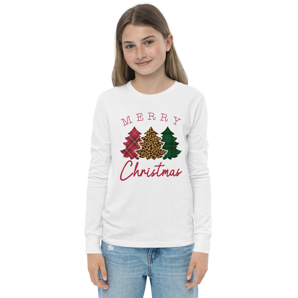 Leopard Flannel Merry Christmas Trees Youth Long Sleeve Tee