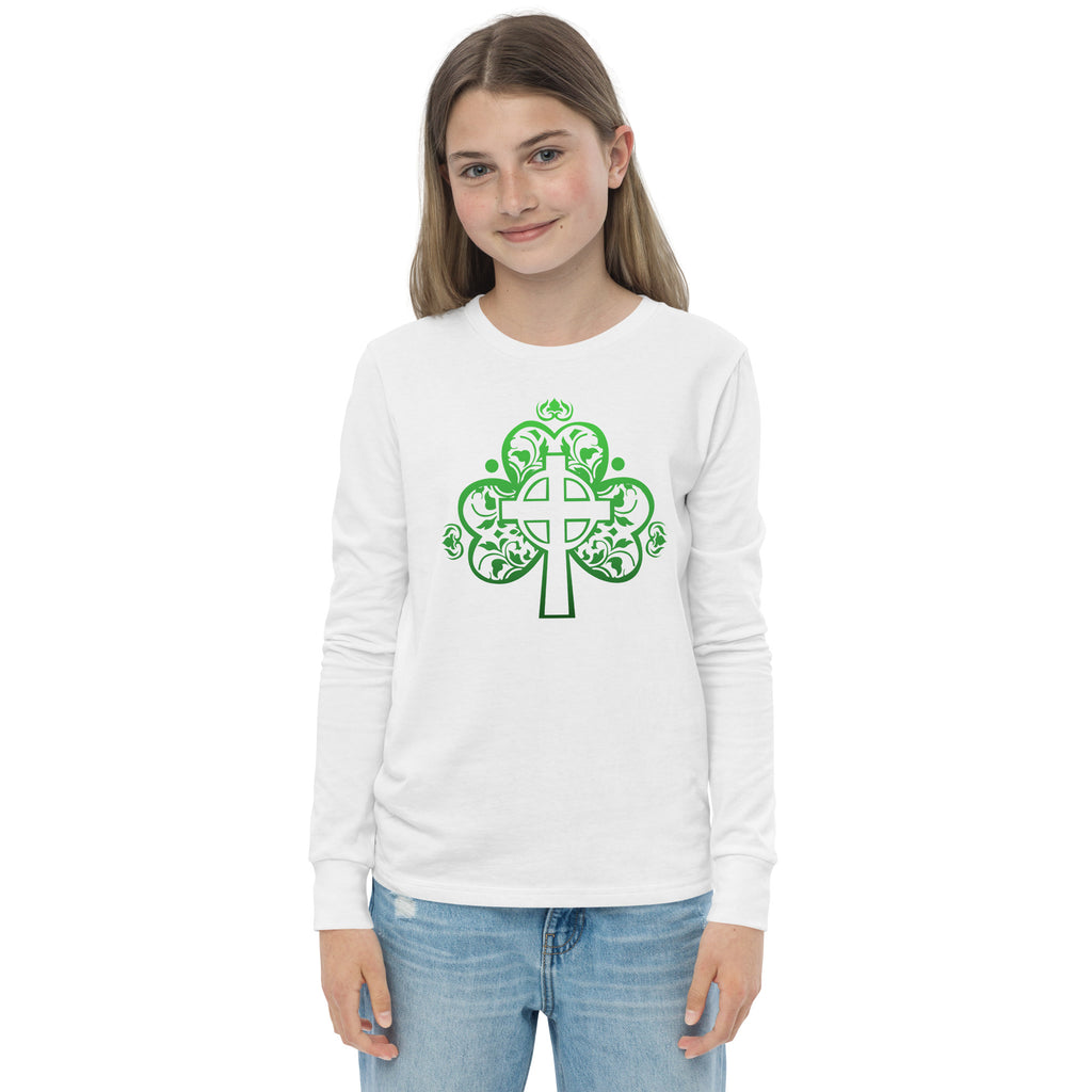 St. Patrick's Day Filigree Cross in Shamrock Youth Long Sleeve Tee - Several Colors Available