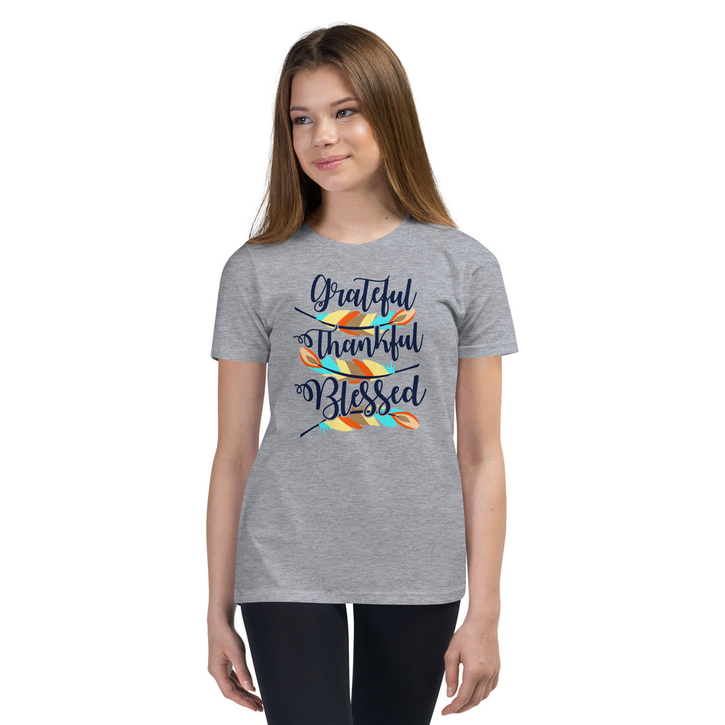 Grateful Thankful Blessed Feathers Youth Short Sleeve T-Shirt