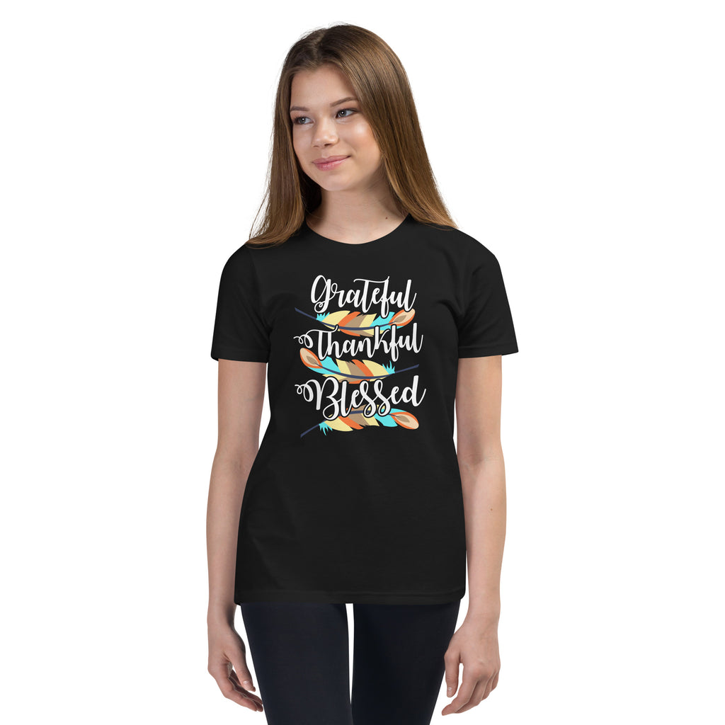 Grateful Thankful Blessed Feathers Youth Short Sleeve T-Shirt