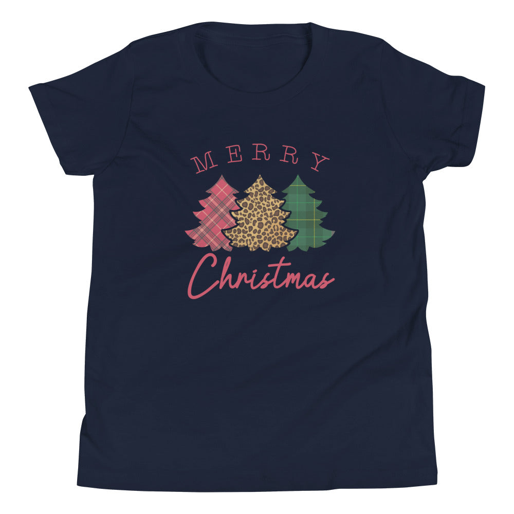 Leopard Flannel Merry Christmas Trees Youth Short Sleeve T-Shirt