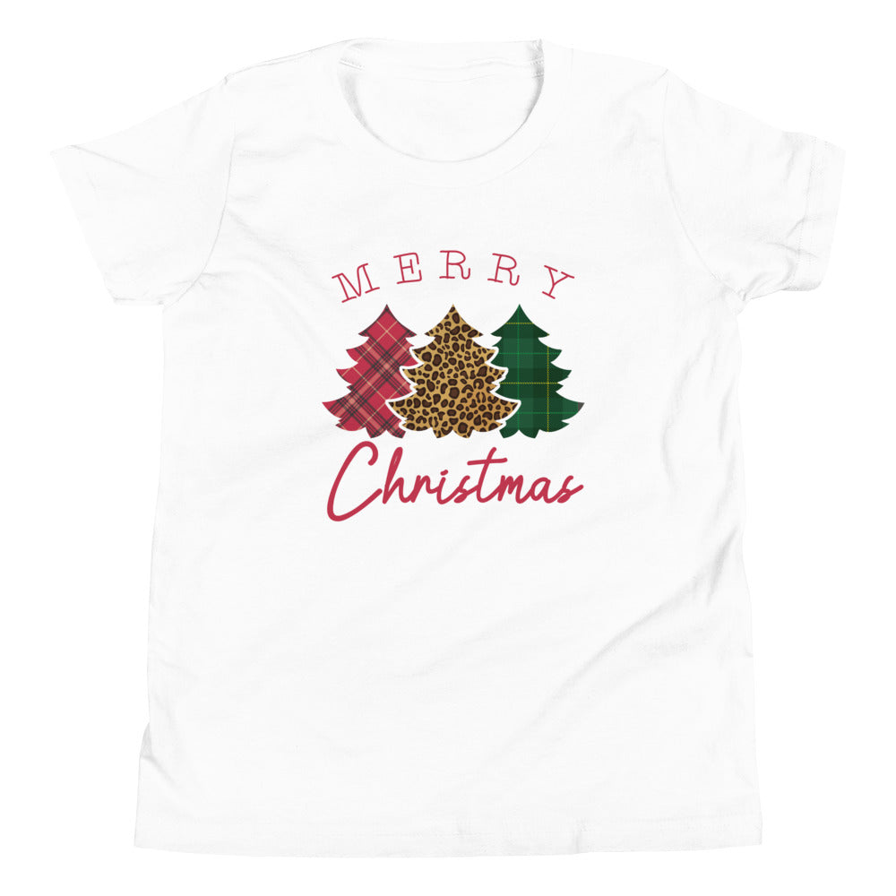 Leopard Flannel Merry Christmas Trees Youth Short Sleeve T-Shirt